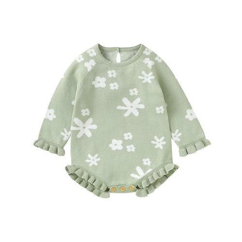 Infant Toddler Baby Girl Fall Winter Outfits Long Sleeve Romper Floral Bodysuit One Piece Sweater Onesie (Light Green, 0-3 Months)