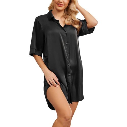 POKWAI Womens Nightgown Satin Button Down 3/4 Sleeve Sleepshirt Boyfriend Notch Collar Nightshirt Sleepwear