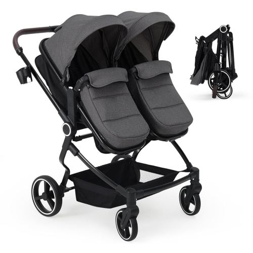 Side by Side Double Stroller for Twins, Lightweight Compact Foldable Baby Travel Stroller with High Landscape Seat, Adjustable Canopy & Recline for Infant and Toddler, Dark Grey