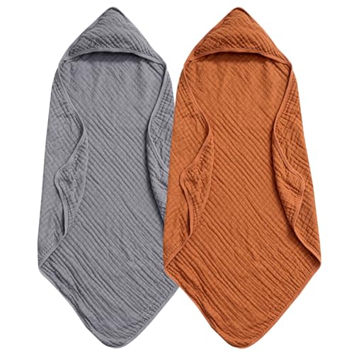 PHF 2 Pack Baby Hooded Towels, 100% Muslin Cotton Baby Bath Towel with Hood for Newborn, Infant, Toddler, Ultra Soft and Absorbent Baby Essentials Bath Towels for Boys Girls, 32x32Inch, Grey & Brown
