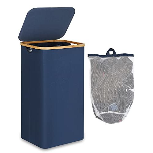 efluky Laundry Basket with Lid and Removable Bag, 100L Tall Laundry Hamper with Bamboo Handles, Aesthetic Dirty Clothes Bin for Laundry Room, Bathroom, Bedroom and Dorm, Blue