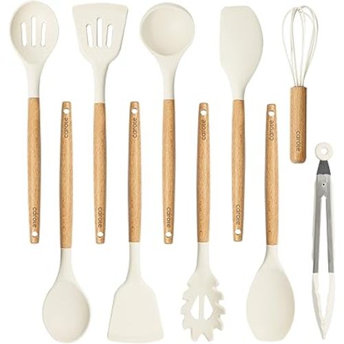 CAROTE Silicone Cooking Utensils Set, Kitchen Utensils Set 10 Pcs for cooking, BPA Free Spatula Set with Heat Resistant Wood Handles for Nonstick Cookware (Cream White)
