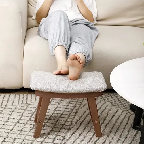 HOUCHICS Ottoman Foot Rest,Small Foot Stool Under Desk,Wood Foot Stool for Living Room, Bedroom and Kitchen (Walnut Legs-Gray Cover)
