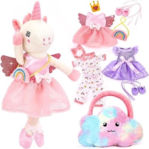 Unicorns Toys for Girls Age 4-6 - Ballerina Doll Stuffed Animal Girl Toys Age 4-5, Ballet Dress up Doll, 3 Set Clothes with Plush Bag, 4 Year Old Girl Birthday Gifts Ideas, Travel Plush Toy 5 Year Old