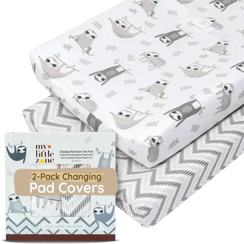 Baby Changing Pad Covers Table Sheet 32" x 16", 8" Deep Pocket - Diaper Changing Pad Cover, 100% Cotton Chevron & Sloth Baby Sheets for Girl & Boy, 2 Pack, Designed in France, White-Grey