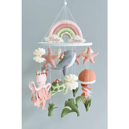Ocean mobile nursery Whale crib mobile Baby girl mobile Octopus Jellyfish Stingray Shell mobile Rainbow mobile Floral nursery decor
