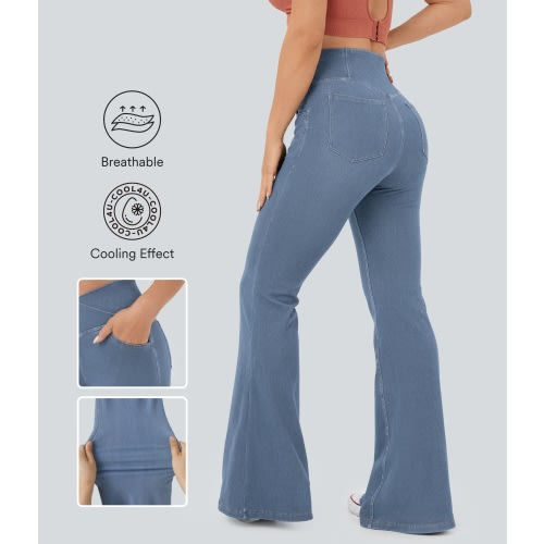 Halara Flex™ High Waisted Crossover Pocket Cool Touch Washed Stretchy Knit Casual Super Flare Jeans