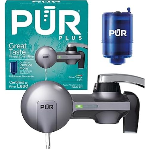 PUR PLUS Horizontal Faucet Mount Water Filtration System with 3-in-1 Lead Reducing Filter for Great-Tasting Filtered Tap Water, Lasts 100 Gallons, Fits Most Kitchen or Bathroom Faucets, Metallic Grey