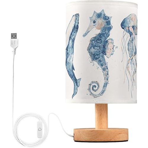 Table Lamp Watercolor Ocean Fish Jellyfish Whale Seahorse Blue Sea Life Animal Nightstand Lamp with Wood Base Fabric Lamp Shade Bedside Desk Lamp for Living Room Bedroom Kids Room Office