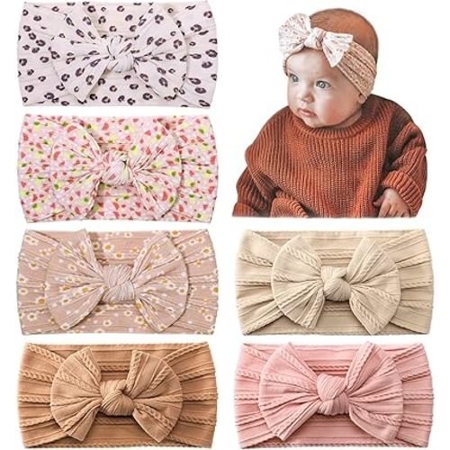 jollybows 6pcs Baby Nylon Headbands Hair Bow Elastics Hairbands Hair Accessories for Baby Girls Newborn Infant Toddlers Kids (Upgrade patterns colors)