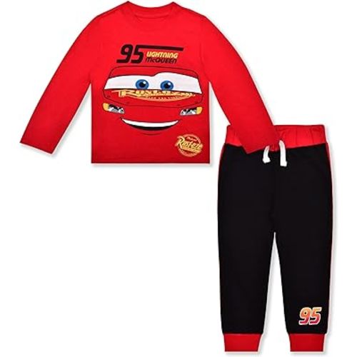 Disney Cars Boys’ Long Sleeve Shirt Costume and Jogger Set for Toddler and Little Kids – Red/Black