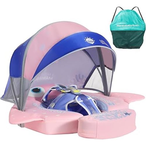 Mambobaby Float with Canopy & Portable Backpack Skin-friendly Baby Swim Float with Tail Waterproof Non-Inflatable Mambo Float Smart Swim Trainer Soft Solid Infant Pool Float 3-24 months Baby Swim Ring