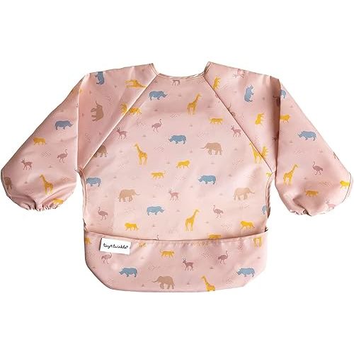 Tiny Twinkle Mess Proof Baby Bib, Cute Full Sleeve Bib Outfit, Waterproof Bibs for Toddlers, Machine Washable, Tug Proof Closure, Baby Smock for Eating, Long Sleeved (Petite Safari, Small 6-24 Months)