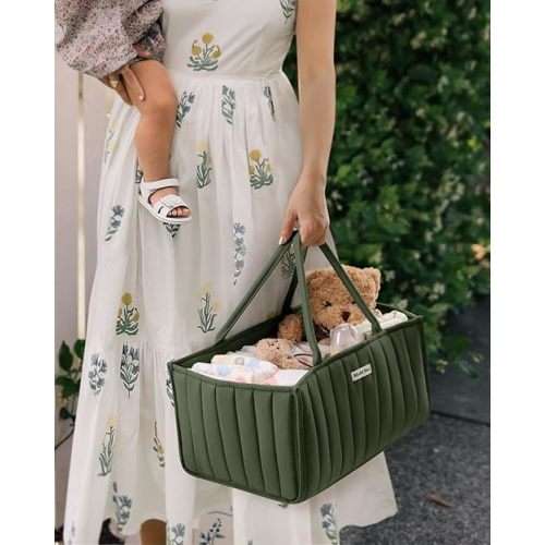 Blissful Diary Baby Diaper Caddy Organizer, Stylish Storage Basket for Newborn Essentials and Diaper Station, Gift for Baby Shower and Registry Must-Have, Deep Green