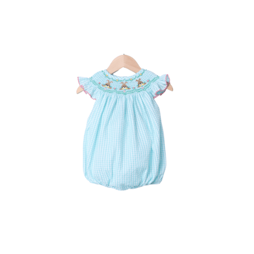 Smocked Turquoise Gingham Seersucker Easter Bunny Bubble