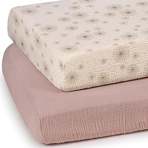 lulumoon Mini Crib Sheets Muslin: Pack and Play Sheets for Boys and Girls - Cotton Fitted Crib Sheet for Pack N Play Mattress and Playard 2Pack 24"x38"