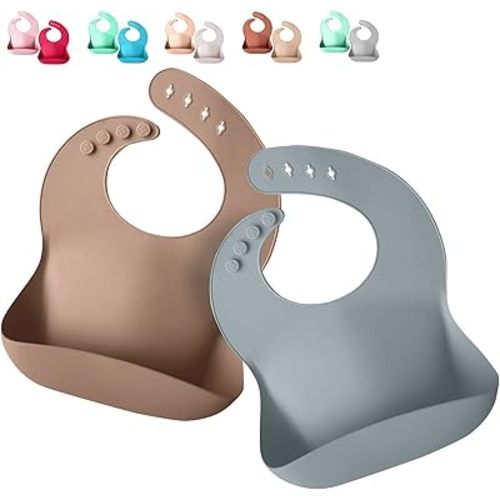 Silicone Baby Bibs - Soft Silicone Bib with Food Catcher and Waterproof Material - Adjustable Fit for Baby and Toddler (Mauvelous & Slate Gray)