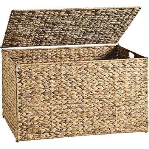 Water Hyacinth Storage Basket with Lid, 42.3 Gallon (160L) Blanket Storage Basket with Handles, Woven Storage Bin, Foldable, Metal Frame, for Bedroom, Laundry Room, Natural