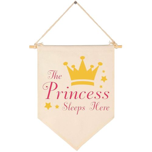 the Princess Sleeps Here -Canvas Hanging Flag Banner Wall Sign Decor Gift for Baby Kids Girl Nursery Teen Room Front Door - Crown,Stars