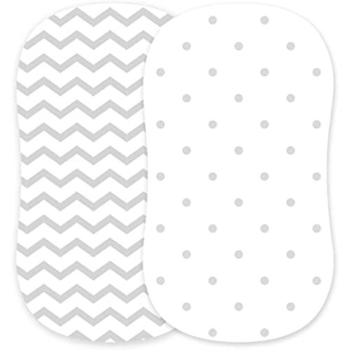 Bassinet Fitted Sheets Compatible with Halo, Fisher Price, Delta, Graco – Fits Perfectly on 15 x 33 Inch Oval, Rectangular Mattress Pad – Snuggly Soft Jersey Cotton – Grey Dots, Chevron – 2 Pack