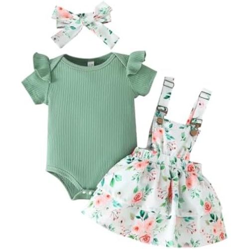 LUJENGEFA Baby Girl Summer Clothes Short Sleeve Romper + Overall Skirt Dress + Headband 3PCS Newborn Outfits