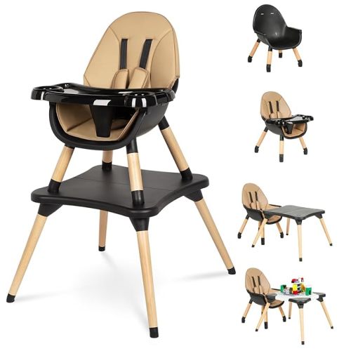 6 in 1 High Chair for Babies & Toddlers, Convertible Wooden Baby Highchair, Table and Chair Set, Baby Feeding Chair, 5-Point Adjustable Harness/4-Position Removable Tray& PU Seat Cushion(Beige)