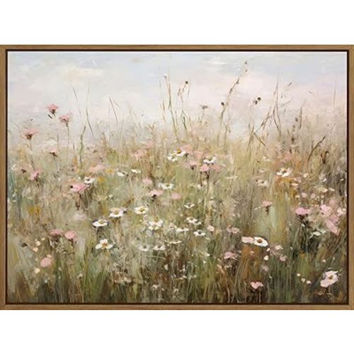 Vintage Wildflower Wall Art Pink and White Daisy Canvas Prints Picture Rustic Flowers Oil Painting Nature Botanical Landscape Wall Decor for Farmhouse Living Room Bedroom Bathroom - 12x16 Inch Framed