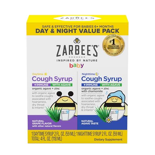 Zarbee's Baby Daytime & Nighttime Cough Syrup + Immune with Organic Agave + Zinc, Daytime Cough Syrup, Grape, & Nighttime Cough Syrup with Chamomile, Agave Taste, Two Pack, 2 x 2 fl. oz