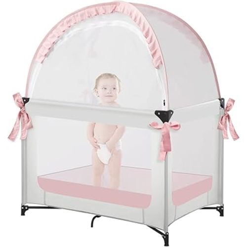 Pack N Play Tent, Baby Mini Crib Tent to Keep Baby in, Crib Net for Pack and Play, Mini Cribs & Play Yard, Portable Pop Up Crib Canopy to Travel, Pink (R07s pink)