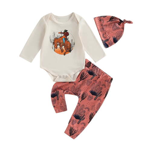 Baby Boy Cowboy Outfit 3M 6M 12M 18M Western Country Boy Clothes Cow Print Letter Bodysuit+Long Pants+Cap 3pcs Fall Clothes