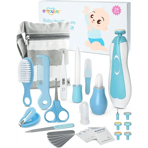 OTTOLIVES Baby Healthcare and Grooming Kit, 24 in 1 Baby Electric Nail Trimmer Set Newborn Nursery Health Care Set for Newborn Infant Toddlers Baby Boys Girls Kids Haircut Tools (0-3 Years+) (Blue)
