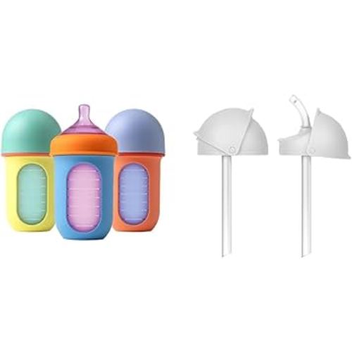 Boon Nursh Reusable Baby Bottle with Silicone Pouch Design Bundle - Stage 2 Medium Flow 8 Oz Baby Bottles, Silicone Straw Sippy Cup Conversion Lids for Nursh Bottles - 2 Count
