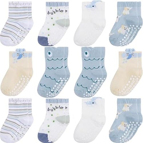 Aroveea Non Slip Grip Ankle Baby Socks 12 Pack for Toddler Boys and Girls Kids,Infant Cute Cotton Baby Socks