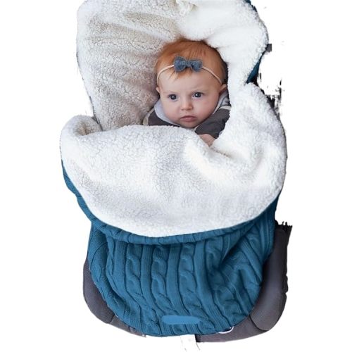 Baby Sleeping Bag fits Infant Newborn,Warm Baby Sleeping Bag,Winter Newborn Knit Wool Swaddling Blanket Kid Sleepsack Footmuff Stroller Knitted Sleep Nest Sack (Lake Blue, One Size)
