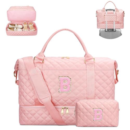 Gifts for Daughter Birthday Christmas Initial Travel Duffle Bag Quilted Weekender Bags Carry-On Overnight with Cosmetic Bag, Gym Bag with Shoe Compartment Hospital Bag for Women Labor Delivery, Pink-B
