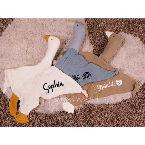 Embroidered Goose Security Blanket | 100% Cotton Muslin | Soft Comfort Blanket for Newborns | Perfect Christening & Birthday Gift