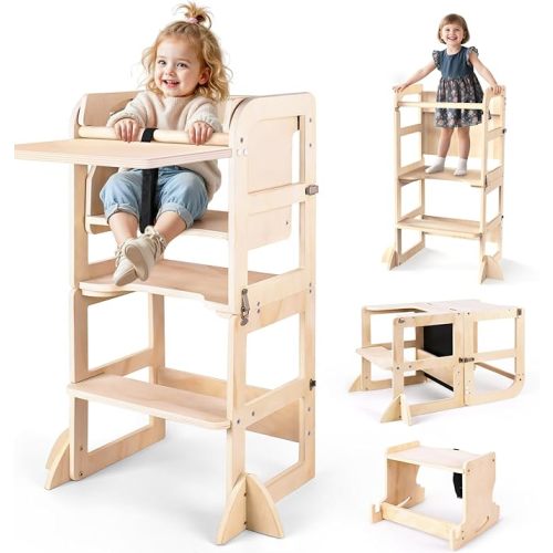 Woodure 6 in-1 Toddler Kitchen Step Stool with Wooden Stool, Foldable Learning Standing Tower with Blackboard & Feeding Tray, Wooden Kitchen Stool Helper for Kids, 1-3 Year Old Boy Girl Gifts