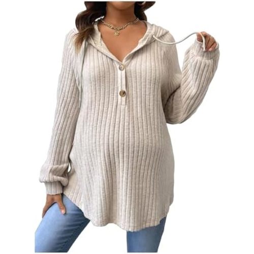 Women's Maternity Half Button Sweatshirts Long Sleeve Ribbed Knit Drawstring Hoodie