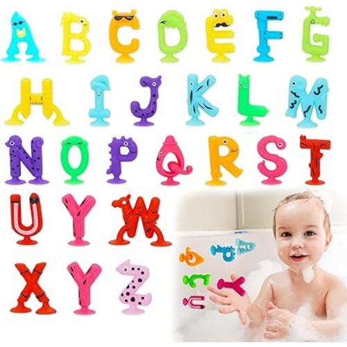 Baby Suction Cup Toys, 26pcs Silicone Letters With Eggshell, No Hole Mold Free Bath Toy, Sensory Window Building for Toddlers Boys Girls 3 4 5 6 Year Old (Letters)