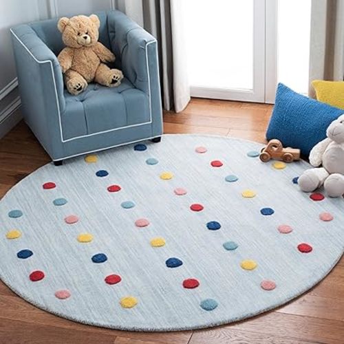 SAFAVIEH Kids Collection 5' Round Grey SFK803F Handmade Polka Dot Wool Area Rug