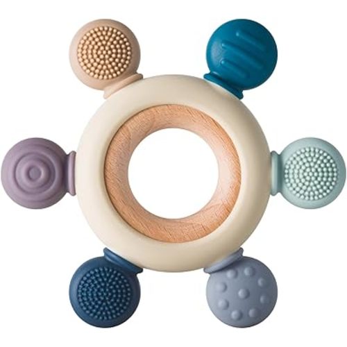 Baby Teething Toys Silicone Teethers BPA Free Silicone Rudder with Wooden Ring Soothe Babies Gums (Gray)