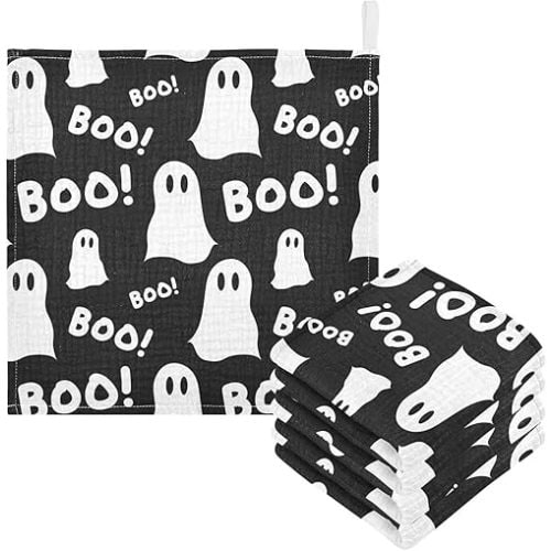 Halloween Ghosts Boo Baby Burp Cloths for Boys Girls, 3 Pack White Black Cute Baby Muslin Washcloths for Newborn Bath Towel Soft Absorbent Baby Wash Cloth,12 x 12 Inch