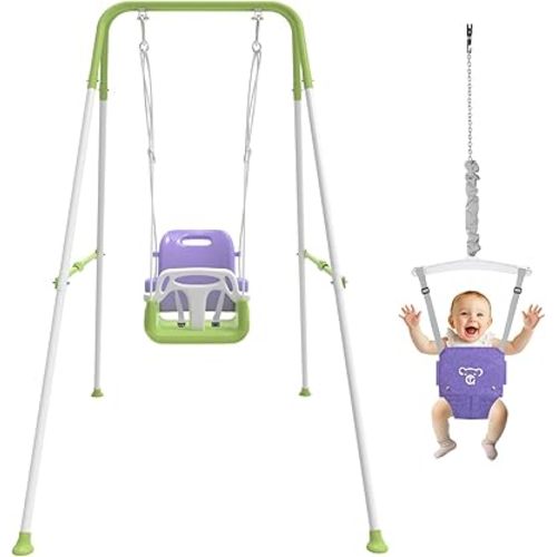 2 in 1 Toddler Swing & Baby Jumper, Foldable Baby Bouncer with Soft Cushion, Foldable Indoor & Outdoor Use, Easy to Install & Store Swing Sets for Backyard Play (Purple)
