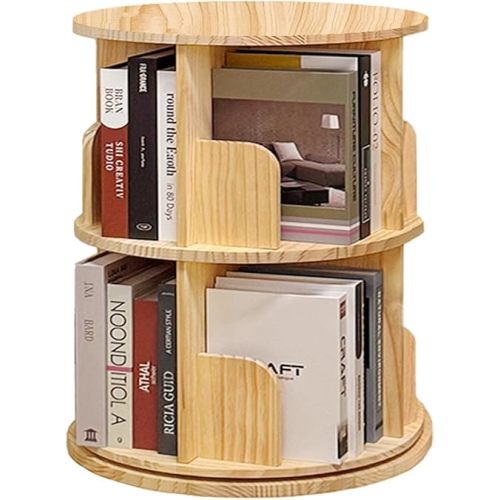 Rotating Bookshelf Tower with Mortise and Tenon Design – 2/3/4/5 Tier Spinning Bookcase Organizer, Round Wood Book Shelf for Kids & Adults, Natural Wood Finish 2 Tier