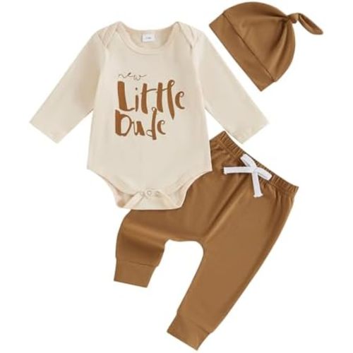 Madjtlqy Little Dude Newborn Baby Boy Fall Clothes Long Romper Bodysuit Jogger Pants Set 3Pcs Infant Coming Home Outfit