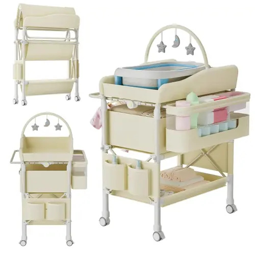 Jaylene Portable Baby Changing Table with Storage – Adjustable Height Diaper Station, Waterproof Pad, Large Capacity Organizer, Foldable Newborn Changing Table for Nursery & Bedroom (Beige)