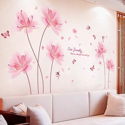 Flower and Butterflies Wall Stickers for Adults, Pink Flower Wall Decals Decoration for Girls Bedroom, Pink Decor for Nursery Room, Floral Butterfly Wall Decor Peel and Stick for Bedroom