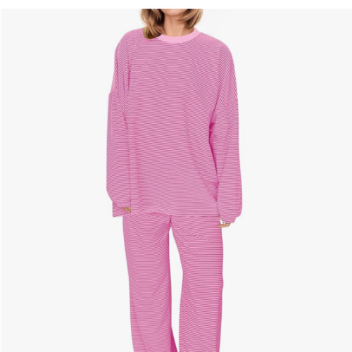 Women Striped 2 Piece Lounge Set Long Sleeve Oversized T Shirts Wide Leg Pants Matching Sets Casual Comfy Pajama Sets