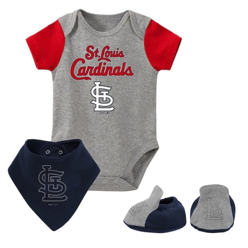 Newborn & Infant St. Louis Cardinals Heathered Gray Three-Piece Bodysuit, Bib & Bootie Set