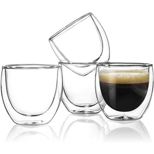 Sweese 4 Ounce Espresso Cups Set of 4, Double-Wall Insulated Glasses Cups Set- Handmade Glass- 408.101: Espresso Cups